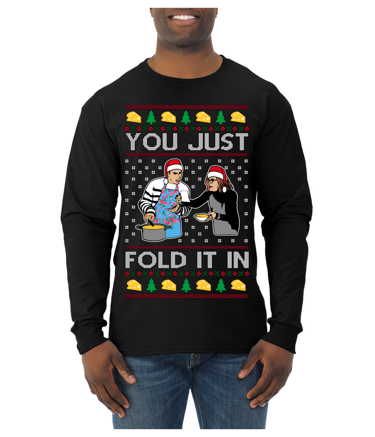You Just Fold It In Funny Enchilada Moira David TV Sitcom Ugly Christmas Sweater Mens Long Sleeve Shirt