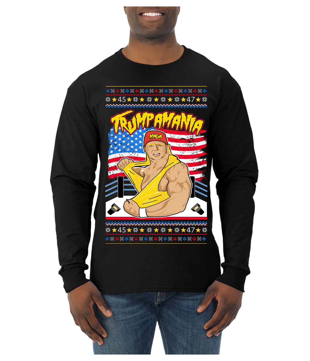 Trumpamania Funny Hogan 80s USA Wrestling Sports Parody Ugly Christmas Sweater Mens Long Sleeve Shirt