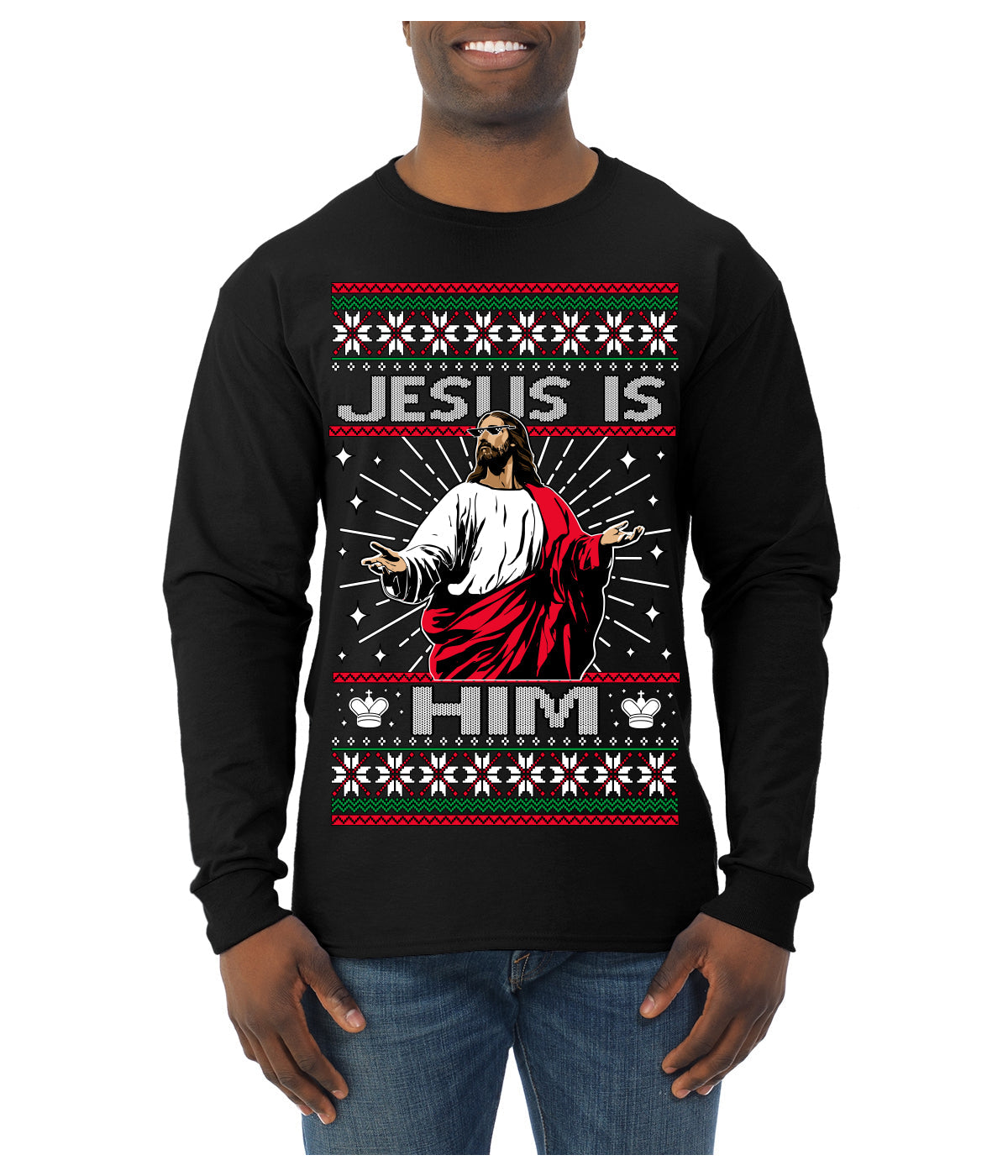 Jesus Is Him Funny Gen Z Viral Meme Shades Slang Ugly Christmas Sweater Mens Long Sleeve Shirt