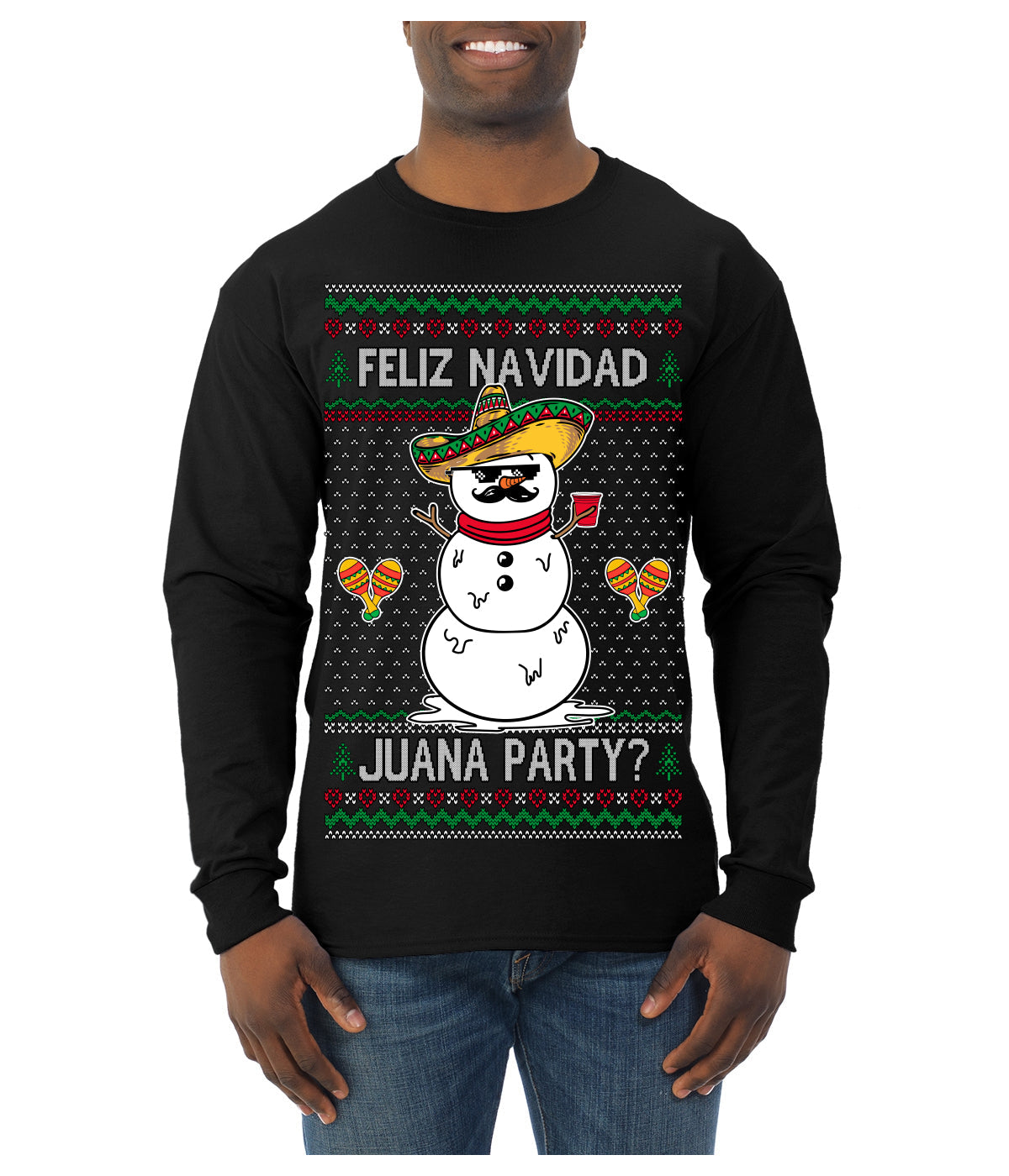 Feliz Navidad Juana Party Funny Spanish Drinking Cerveza Ugly Christmas Sweater Mens Long Sleeve Shirt
