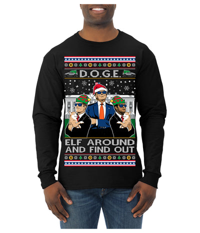 Doge Elf Around and Find Out Trump Elon Vivek MAGA Ugly Christmas Sweater Mens Long Sleeve Shirt