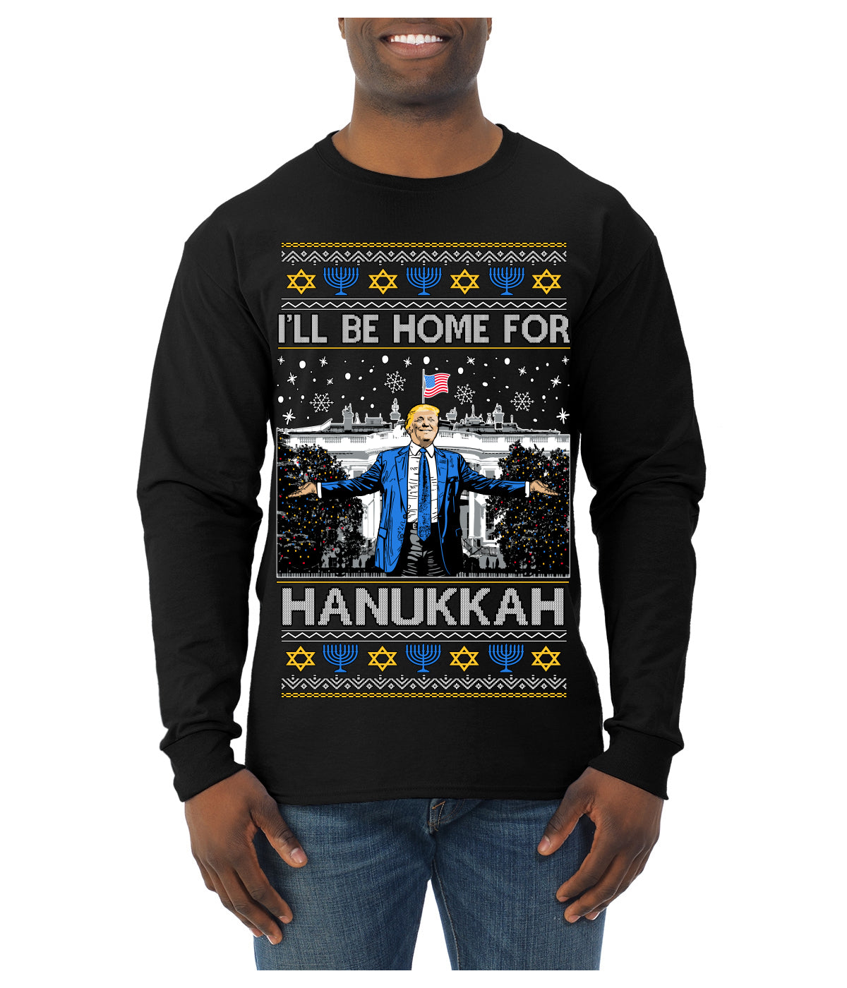 I'll Be Home for Hanukkah, Funny President Donald Trump JD Vance Winter Holiday Chanukah Hannukkah Channukah Ugly Christmas Sweater Mens Long Sleeve Shirt