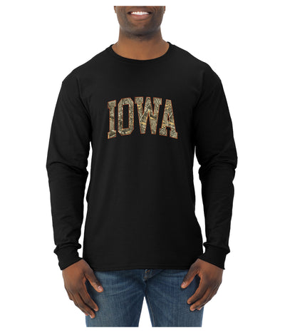 Iowa  Camo Fill Orange Outline Sweater, Unisex Mens Long Sleeve Shirt