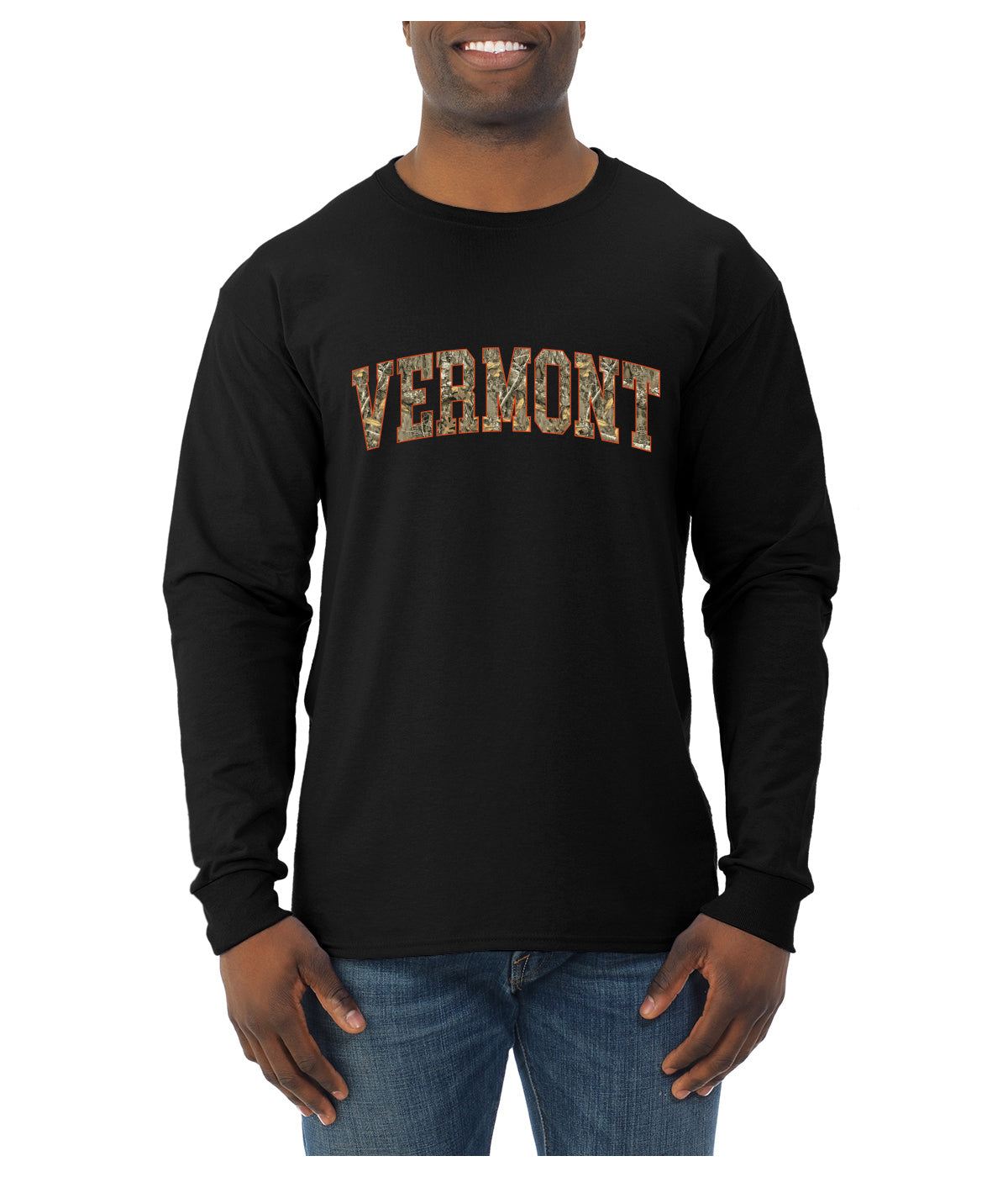 Vermont  Camo Fill Orange Outline Sweater, Unisex Mens Long Sleeve Shirt