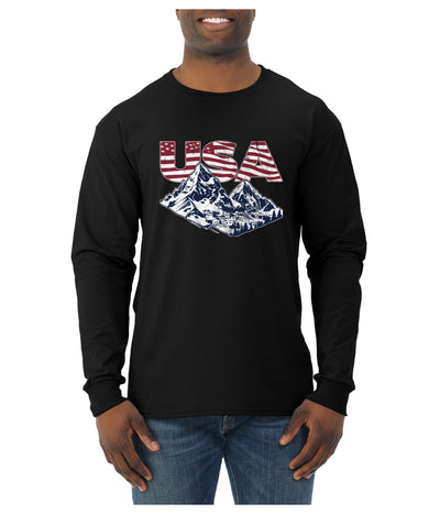 USA Winter Team Sports Fan Collection | USA Flag Mountainscape Sweater, Unisex Mens Long Sleeve Shirt