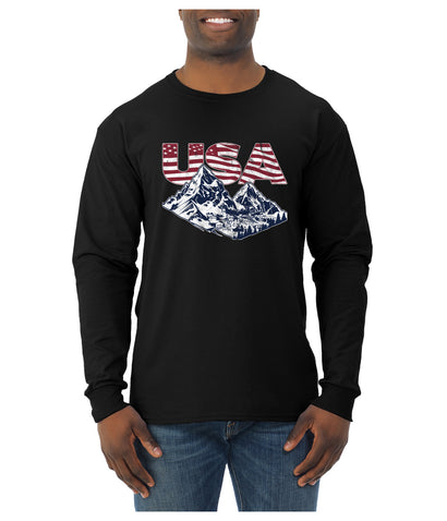 USA Winter Team Sports Fan Collection | USA Flag Mountainscape Sweater, Unisex Mens Long Sleeve Shirt