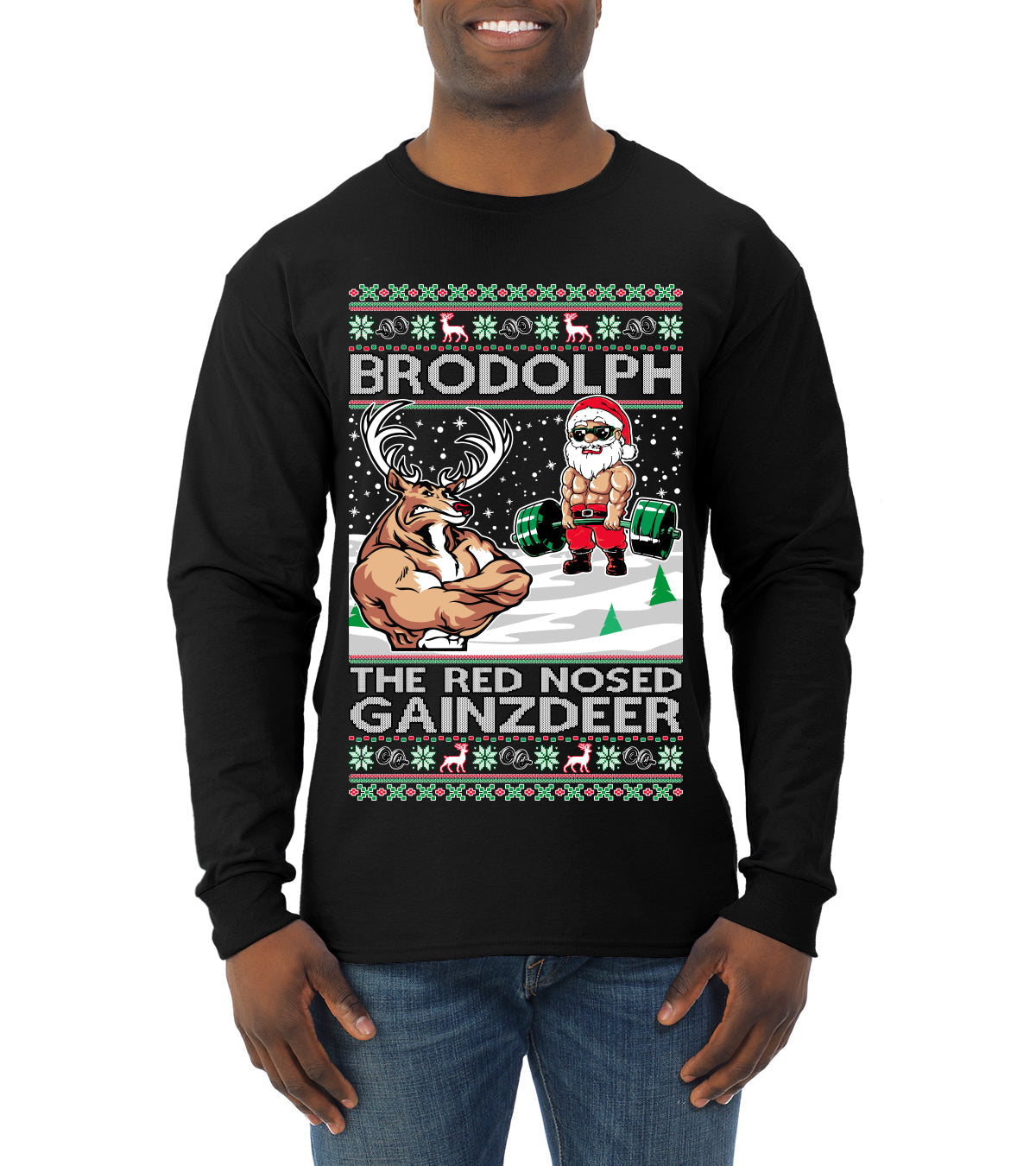 Brodolph Santa Working Out Gym the Red Nosed Gainzdeer Ugly Christmas Sweater Mens Long Sleeve Shirt