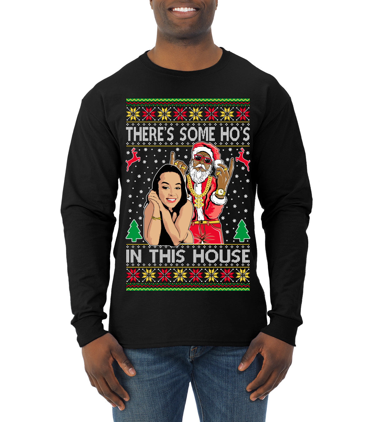 Santa the Plug Hos In This House  Ugly Christmas Sweater Mens Long Sleeve Shirt