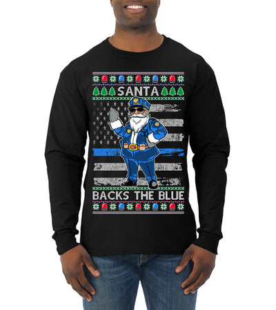 Santa Backs The Blue Pro Police Santa Claus Ugly Christmas Sweater Mens Long Sleeve Shirt