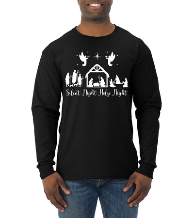 Silent Night Holy Night Religious Jesus Christmas Mens Long Sleeve Shirt
