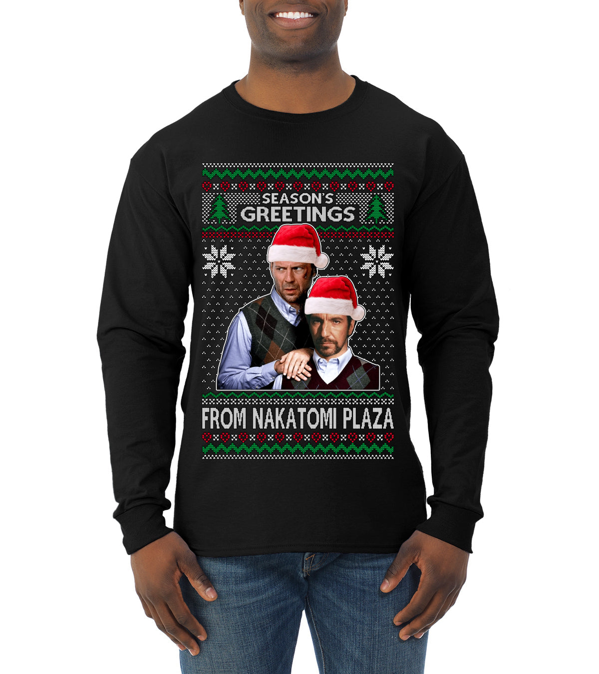 Season's Greeting From Nakatomi Plaza Ugly Christmas Sweater Mens Long Sleeve Shirt