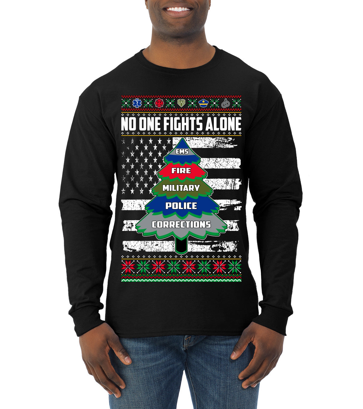 No One Fights Alone Holiday First Responder Police Fire Emt Ugly Christmas Sweater Mens Long Sleeve Shirt