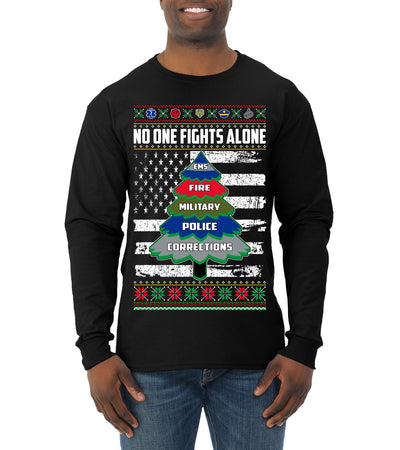 No One Fights Alone Holiday First Responder Police Fire Emt Ugly Christmas Sweater Mens Long Sleeve Shirt