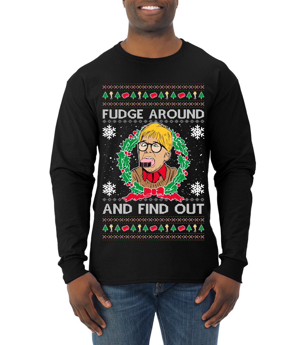Fudge Around And Find Out Story Ugly Christmas Sweater Mens Long Sleeve Shirt