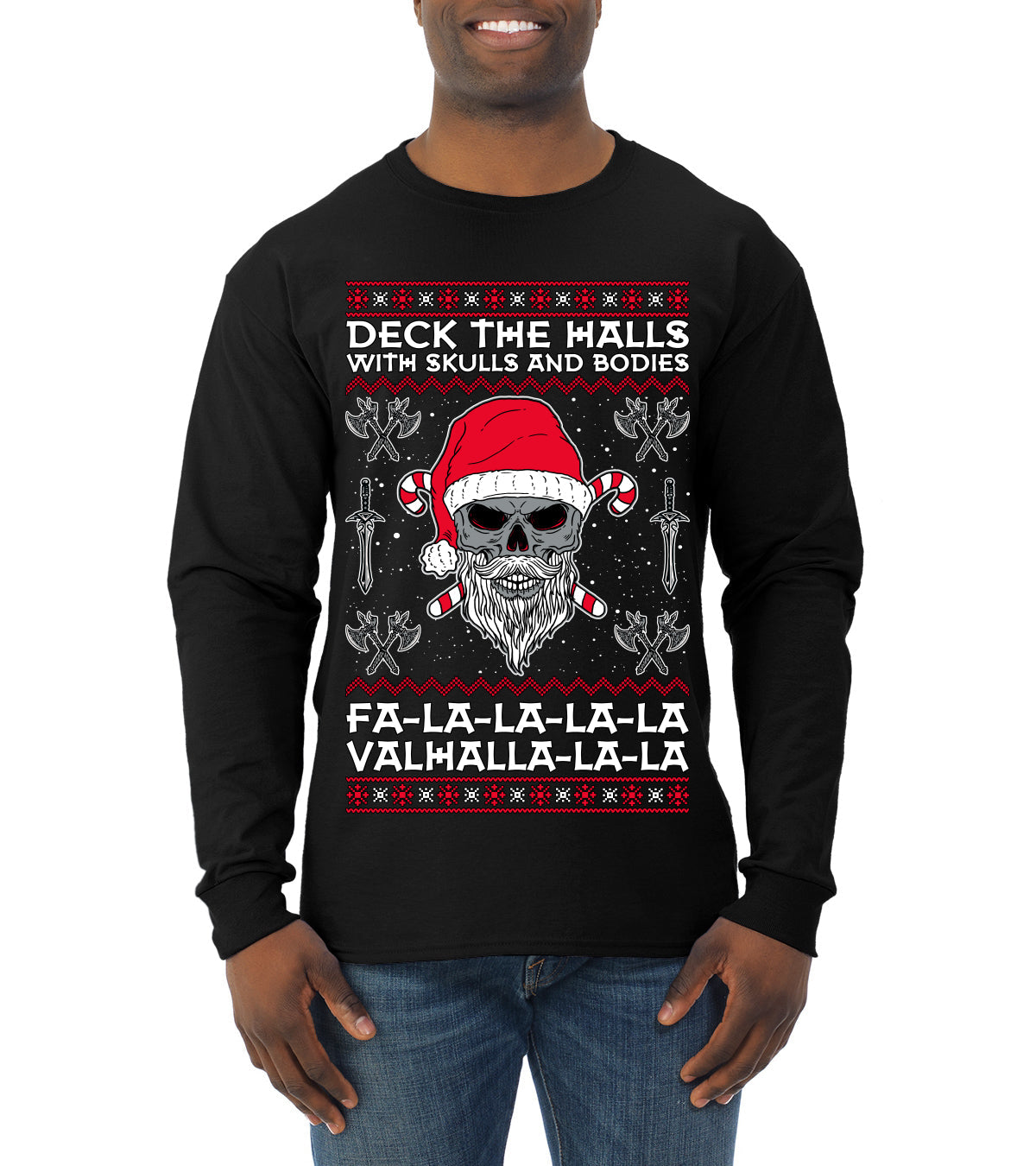 Valhalla Deck The Halls With Skulls & Bodies Ugly Christmas Sweater Mens Long Sleeve Shirt