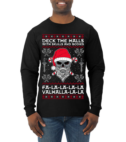 Valhalla Deck The Halls With Skulls & Bodies Ugly Christmas Sweater Mens Long Sleeve Shirt