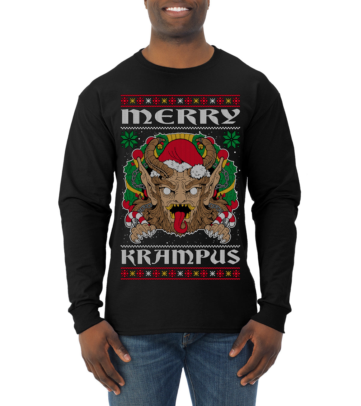 Merry Krampus Santa Folklore Figure Horror Ugly Christmas Sweater Mens Long Sleeve Shirt