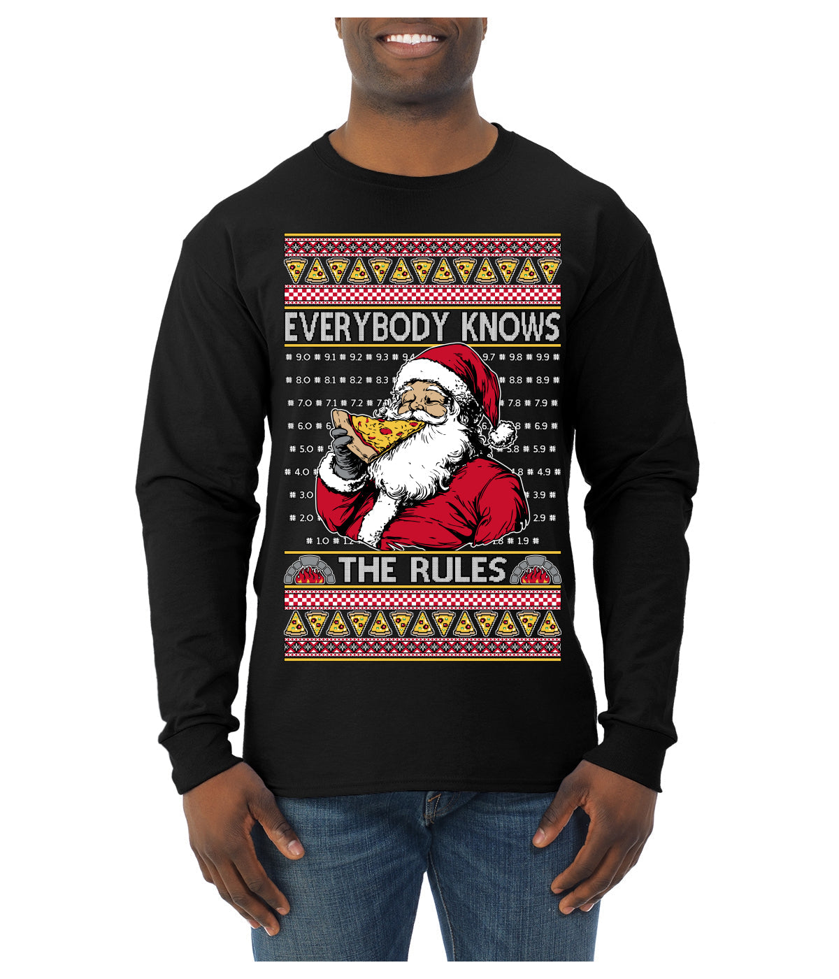 Everybody Knows the Rules Funny Santa Claus Pizza Score Ugly Christmas Sweater Mens Long Sleeve Shirt