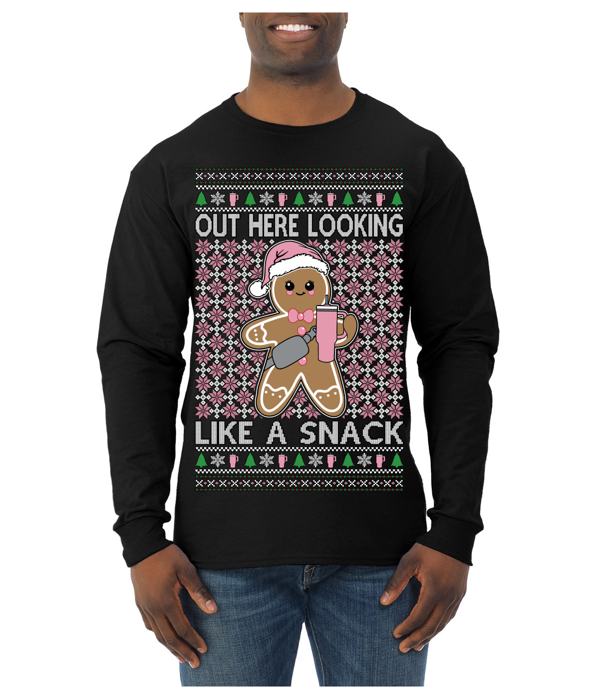 Out Here Looking Like a Snack Cute Xmas Cookie Ugly Christmas Sweater Mens Long Sleeve Shirt