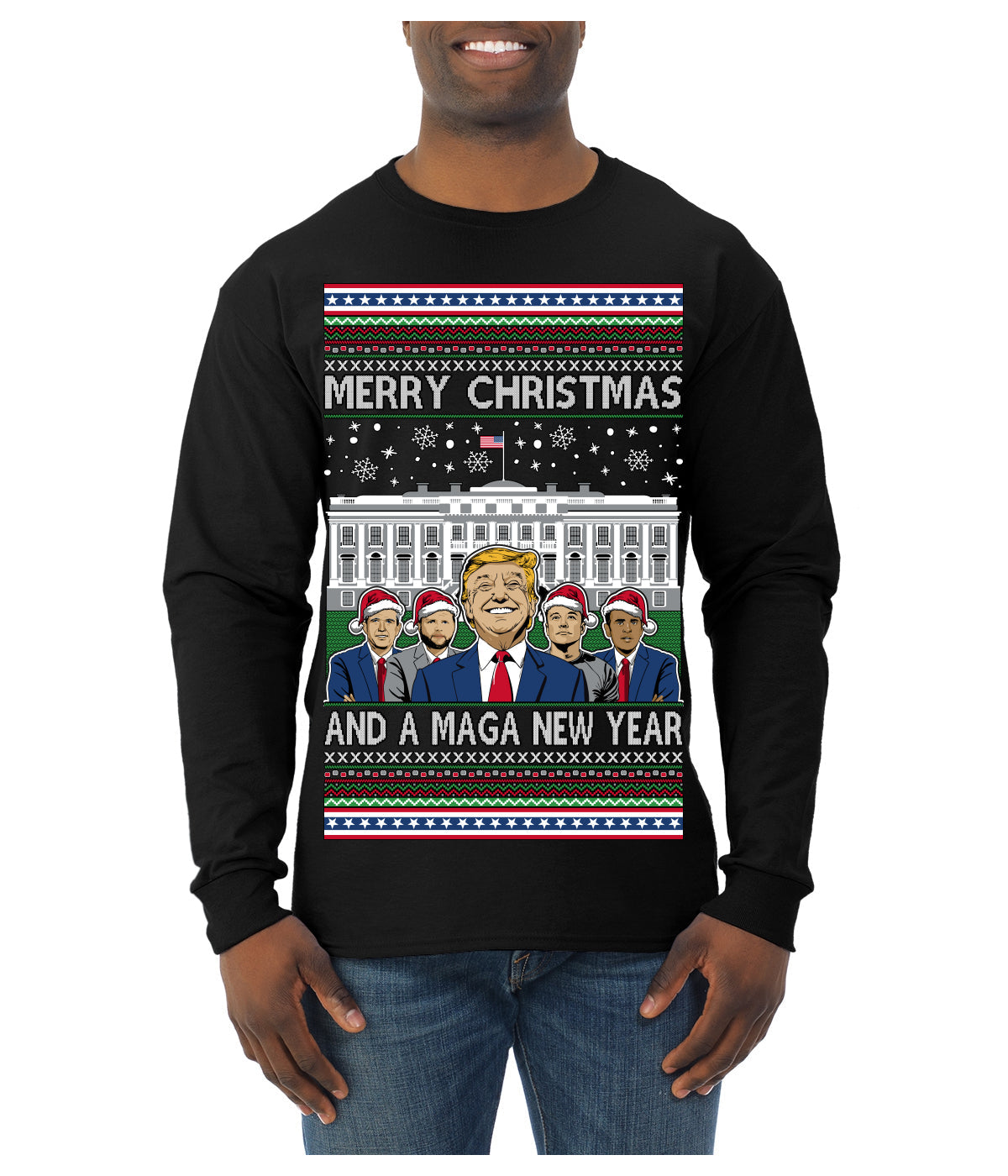 Merry Christmas and a MAGA New Year 2025 Ugly Christmas Sweater Mens Long Sleeve Shirt