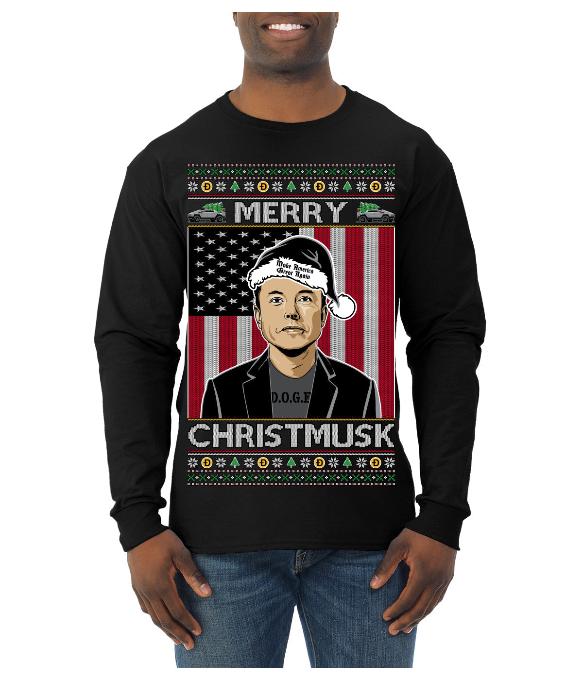 Merry Christmusk Funny Dark MAGA Santa Elon Doge Meme Ugly Christmas Sweater Mens Long Sleeve Shirt