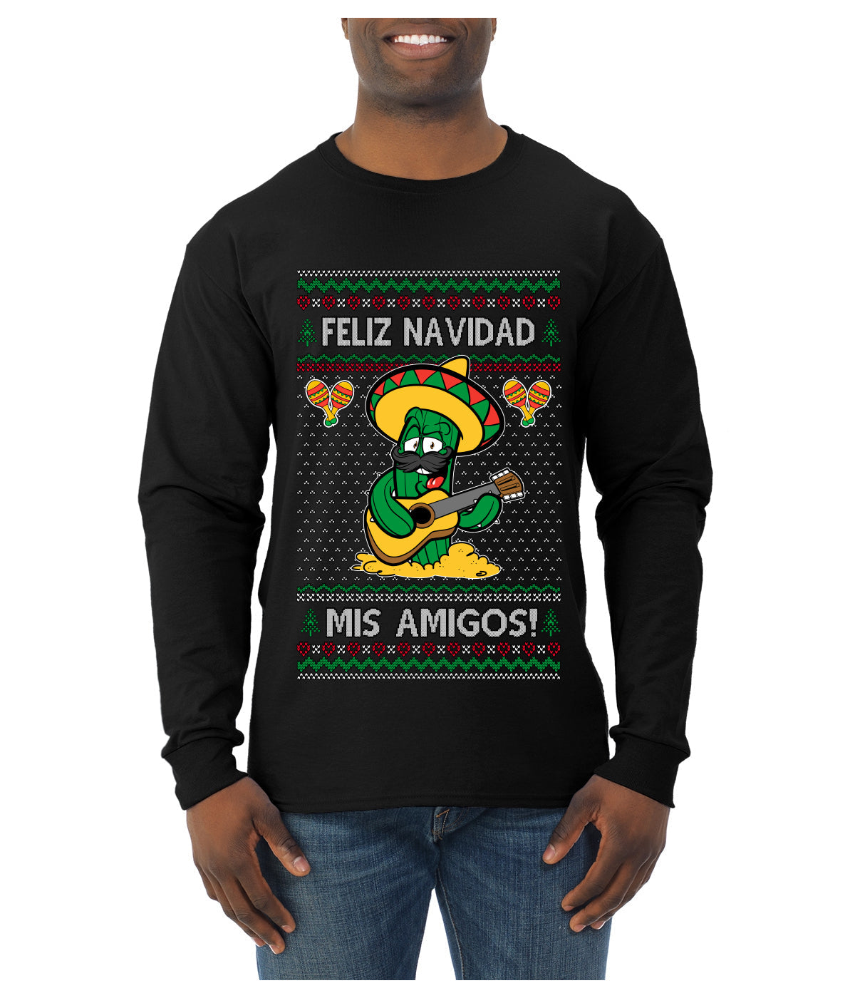 Feliz Navidad Mis Amigos!, Ugly Christmas Sweater Mens Long Sleeve Shirt