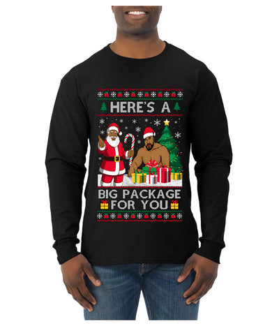 Here's A Big Package For You Black Santa Christmas Sweater, Ugly Christmas Sweater Mens Long Sleeve Shirt