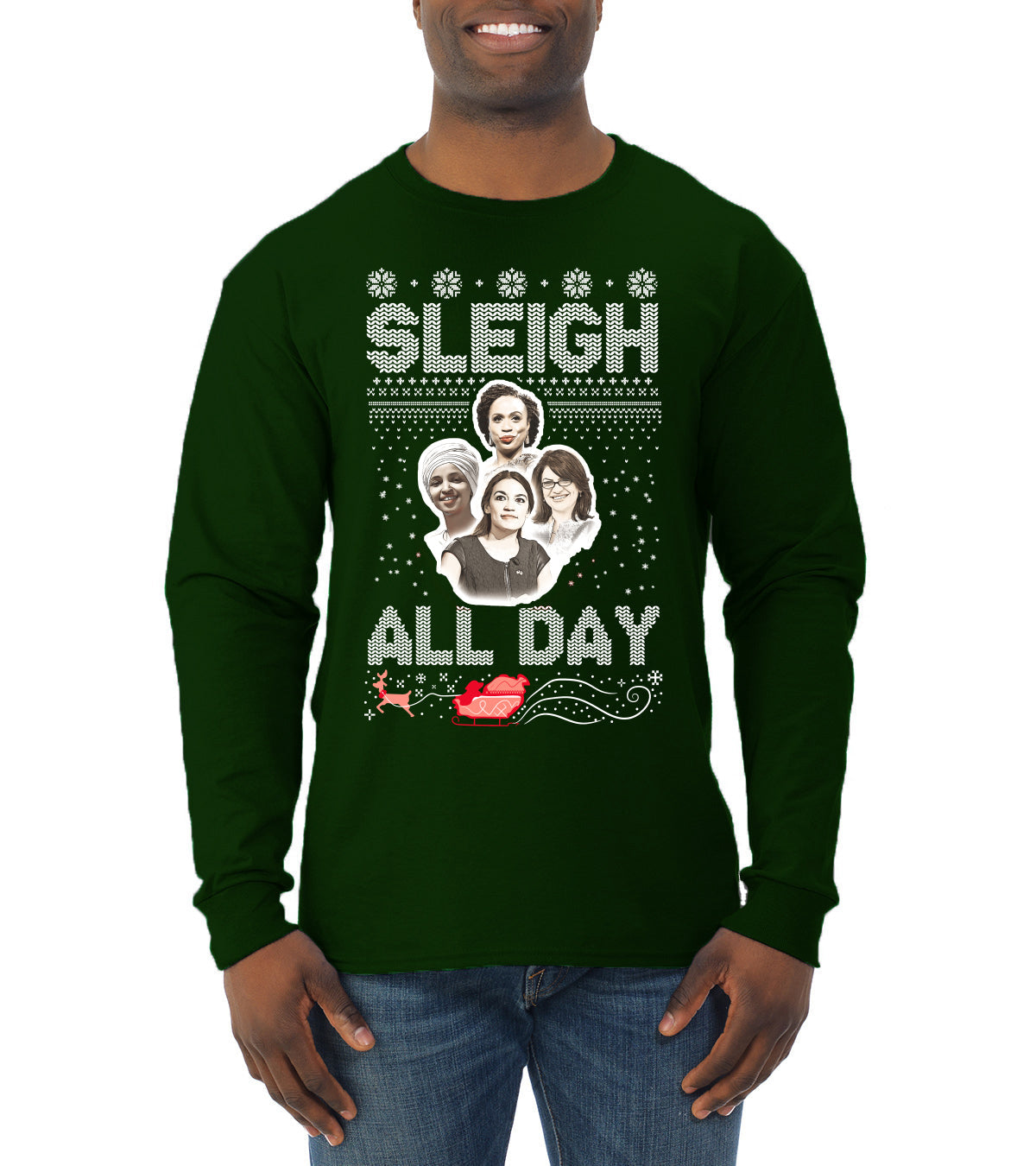 AOC The Squad Congresswomen Sleigh All Day Xmas Ugly Christmas Sweater Mens Long Sleeve Shirt