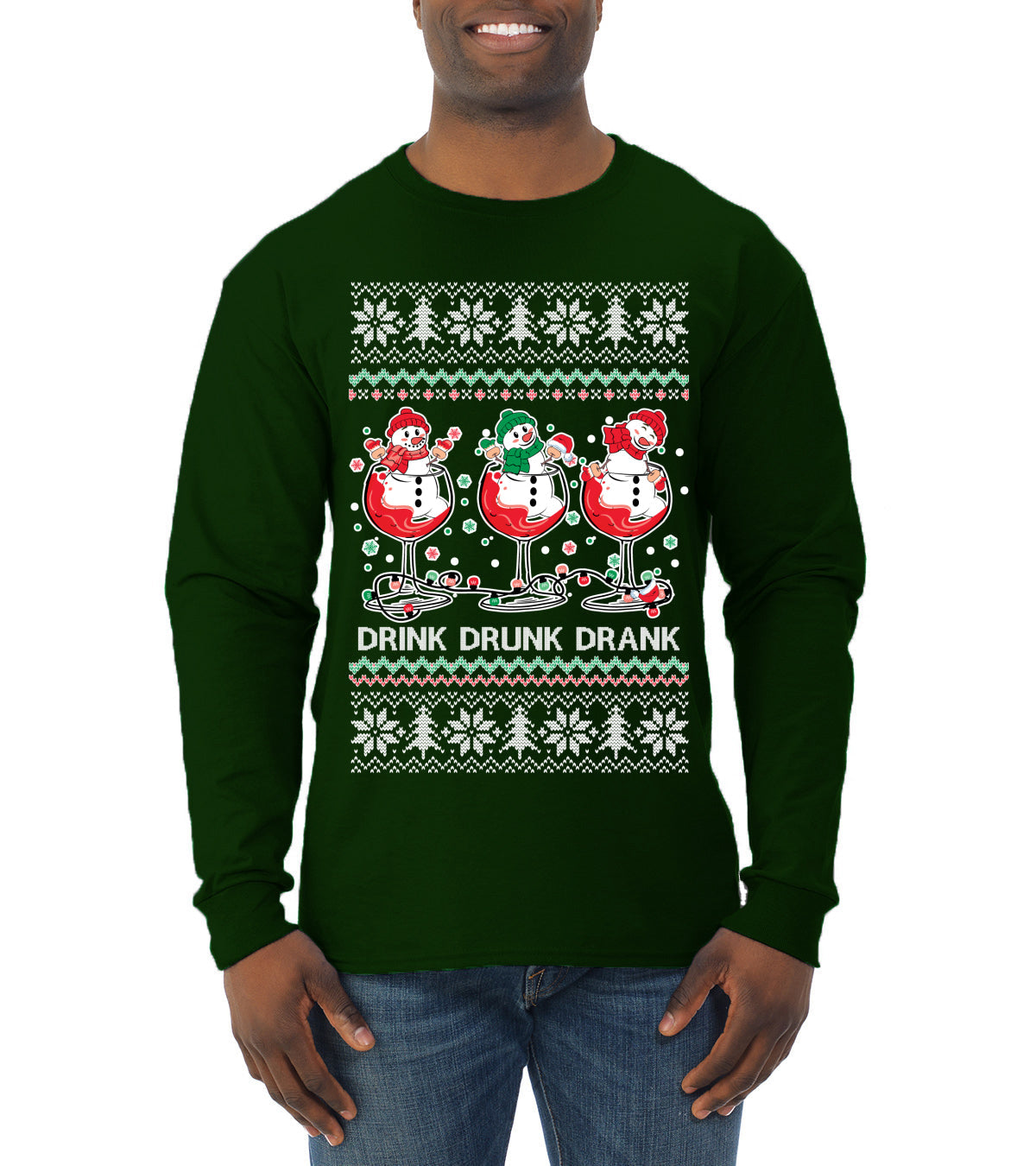 Holiday Spirits Drink Drank Drunk Snowmen Ugly Christmas Sweater Mens Long Sleeve Shirt