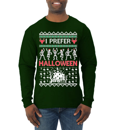 I Prefer Halloween Dancing Skeletons Ugly Christmas Sweater Mens Long Sleeve Shirt