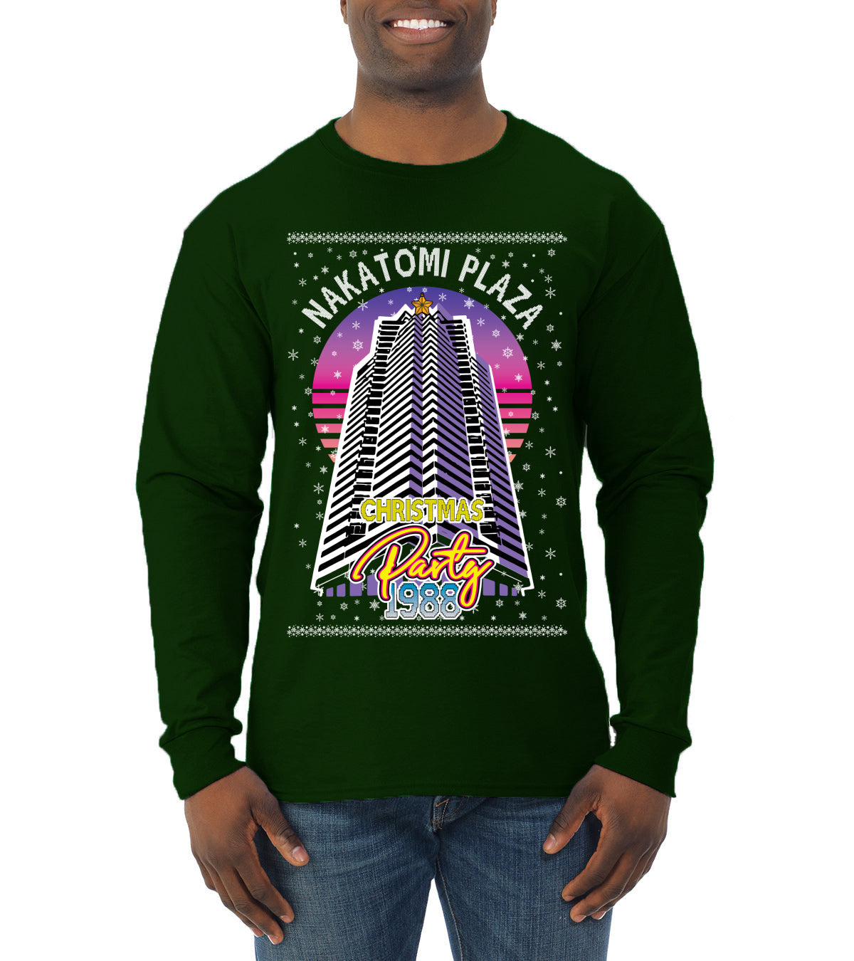 Retro Nakatomi Plaza 1988 Holiday Party Ugly Christmas Sweater Mens Long Sleeve Shirt