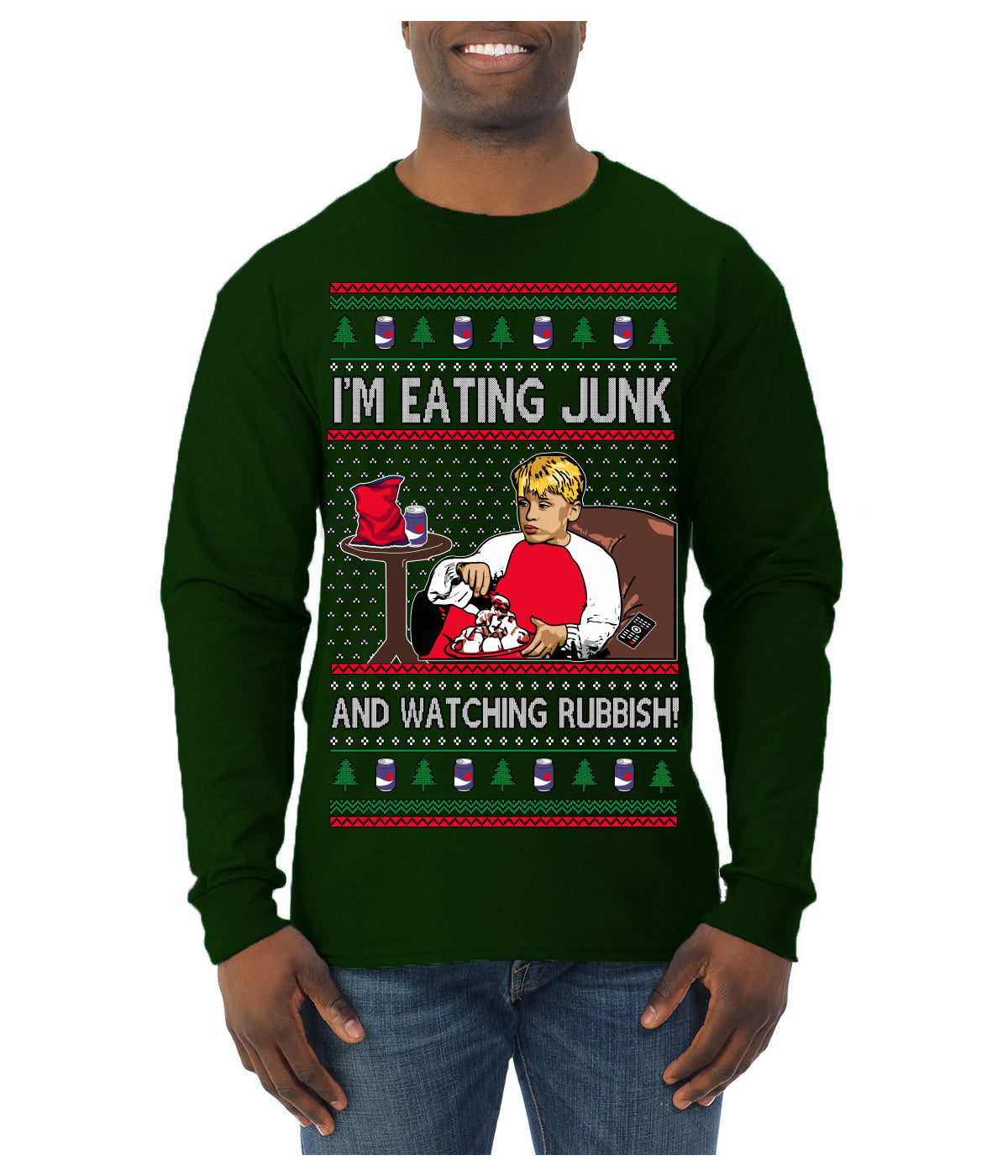 I'm Eating Junk and Watching Rubbish 90s Movie Ice Cream Ugly Christmas Sweater Mens Long Sleeve Shirt