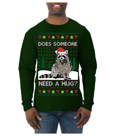 Does Someone Need a Hug? Cute Raccoon Ugly Christmas Sweater Mens Long Sleeve Shirt