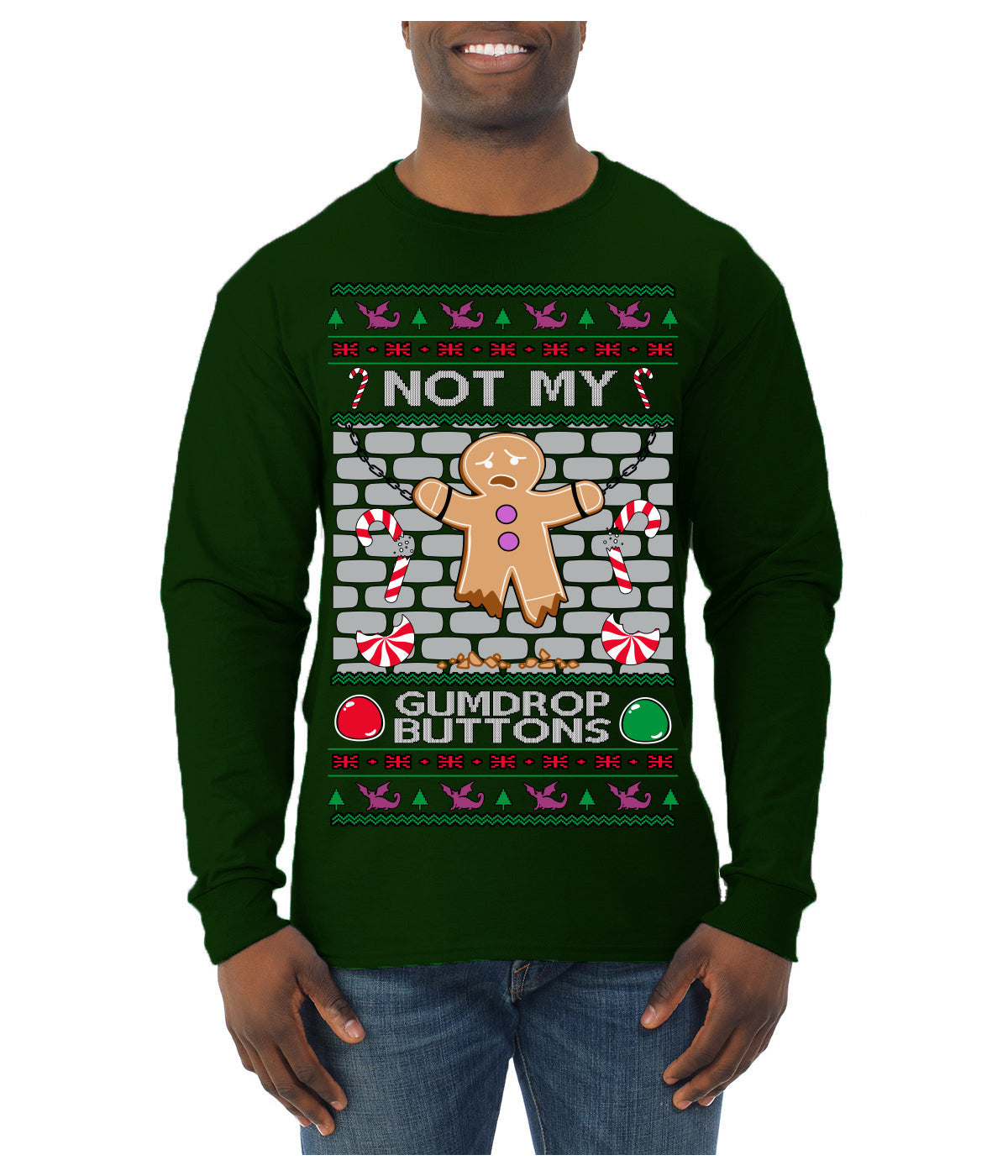Not My Gumdrop Buttons Funny Classic Movie Quote Ugly Christmas Sweater Mens Long Sleeve Shirt