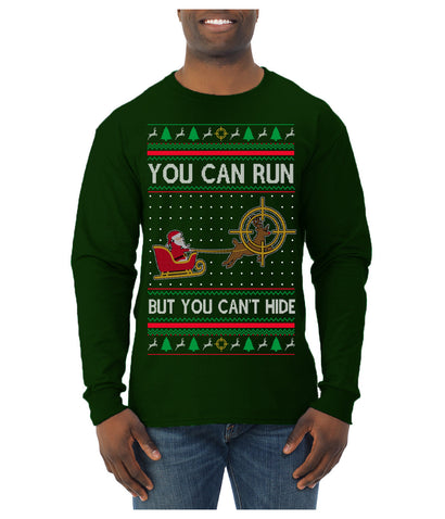 You Can Run But You Can't Hide Santa Sleigh Reindeer Ugly Christmas Sweater Mens Long Sleeve Shirt