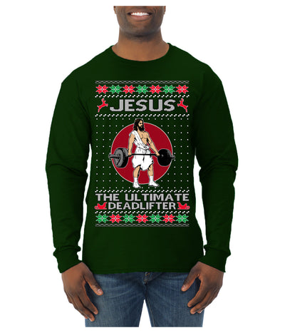 Jesus the Ultimate Deadlifter Funny Ugly Christmas Sweater Mens Long Sleeve Shirt