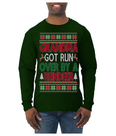 Grandma Got Ran Over by a Reindeer | Classic Xmas Song Holiday Movie Quote Ugly Christmas Sweater Mens Long Sleeve Shirt