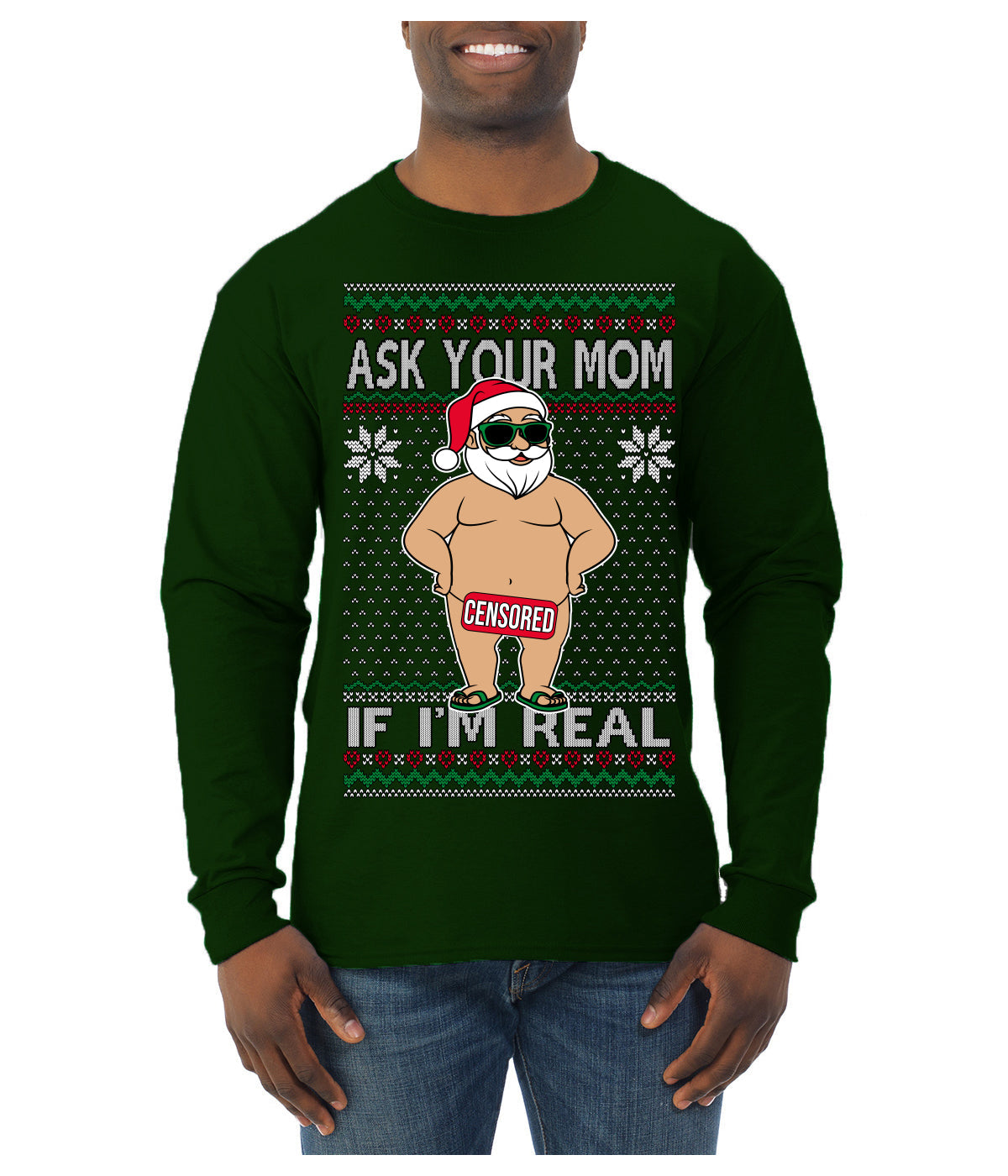 Ask Your Mom If I'm Real Funny, Funny Dirty Inappropriate Censored Santa Claus Ugly Christmas Sweater Mens Long Sleeve Shirt