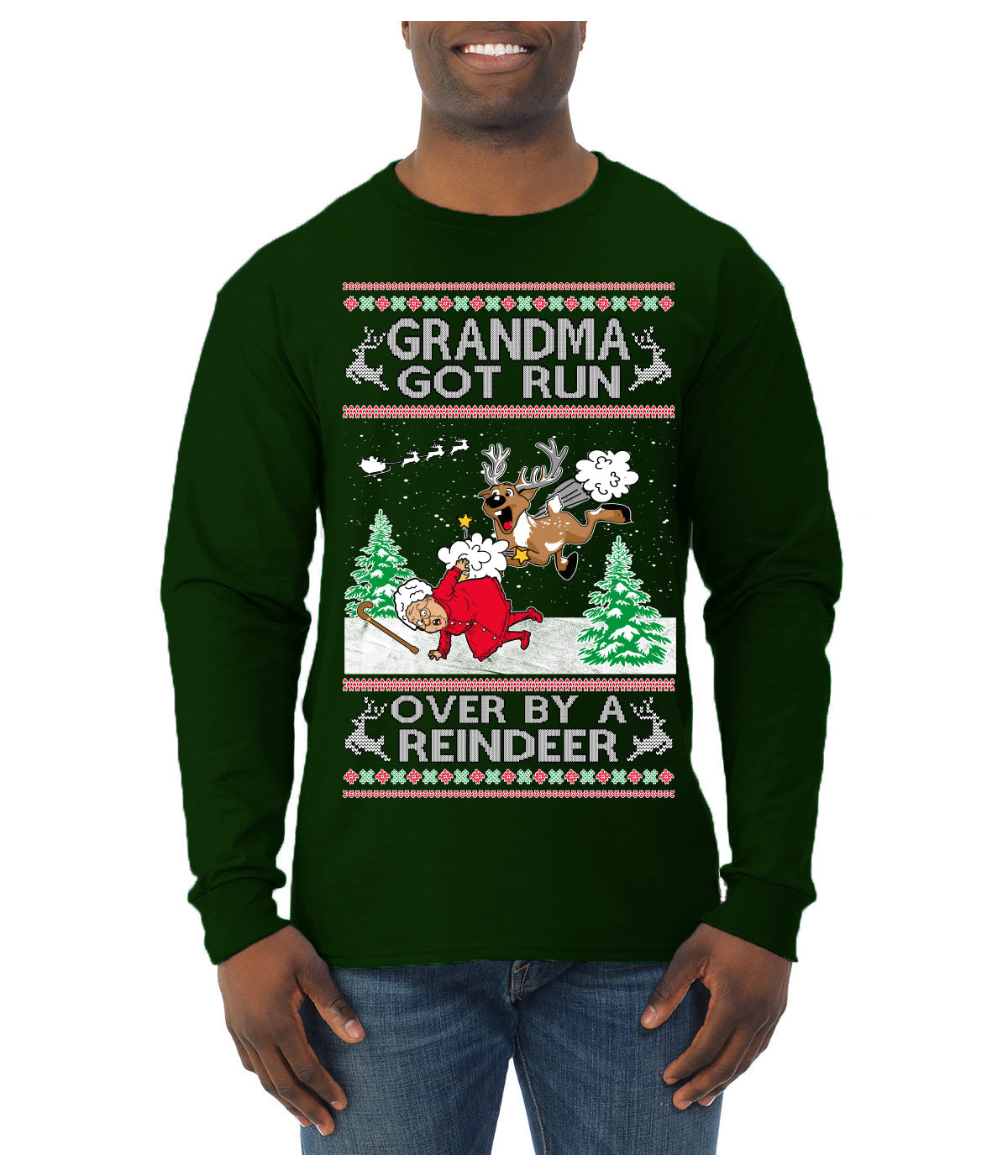 Grandma Got Run Over by a Reindeer, Funny Animated Design Rein Deer Kids TV Song Movie Ugly Christmas Sweater Mens Long Sleeve Shirt