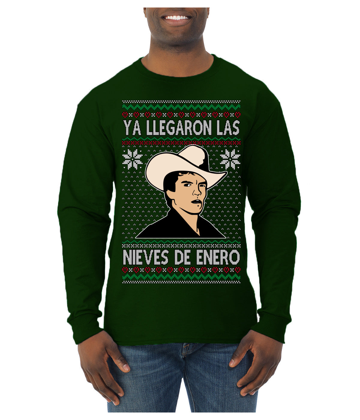 Ya Llegaron Las Nieves De Enero Chalino January Snow Ugly Christmas Sweater Mens Long Sleeve Shirt
