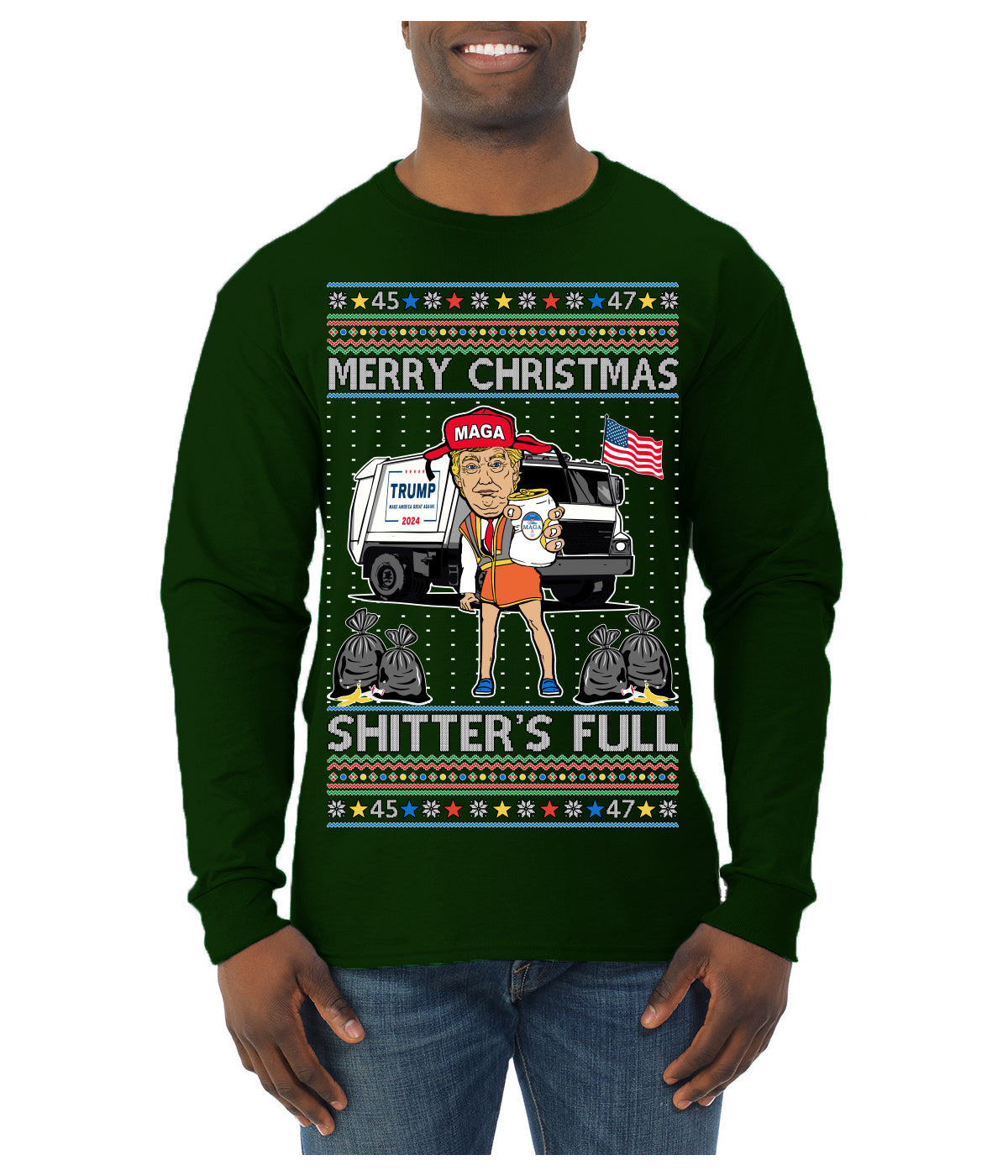 Donald Trump Merry Christmas Shitter's Full Cousin Eddie Ugly Christmas Sweater Mens Long Sleeve Shirt