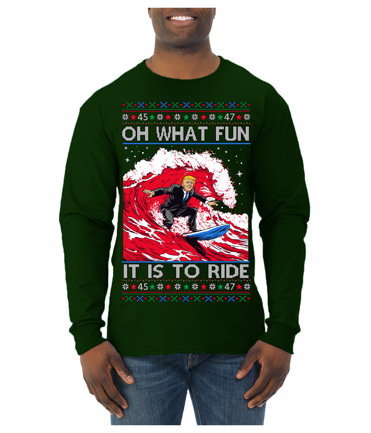 Oh What Fun It Is to Ride Donald Trump Red Wave Landslide Ugly Christmas Sweater Mens Long Sleeve Shirt