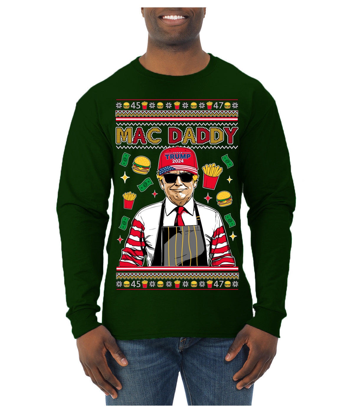 Mac Daddy Funny Viral Trump Meme Fast Food Fries Burgers Ugly Christmas Sweater Mens Long Sleeve Shirt