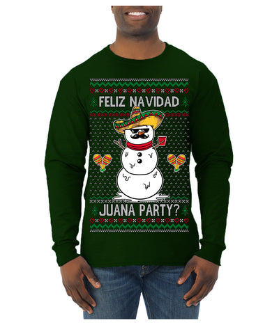 Feliz Navidad Juana Party Funny Spanish Drinking Cerveza Ugly Christmas Sweater Mens Long Sleeve Shirt