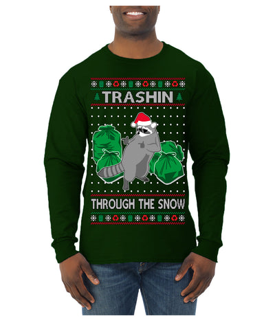 Trashin Through the Snow Funny Trash Panda Raccoon Meme Ugly Christmas Sweater Mens Long Sleeve Shirt