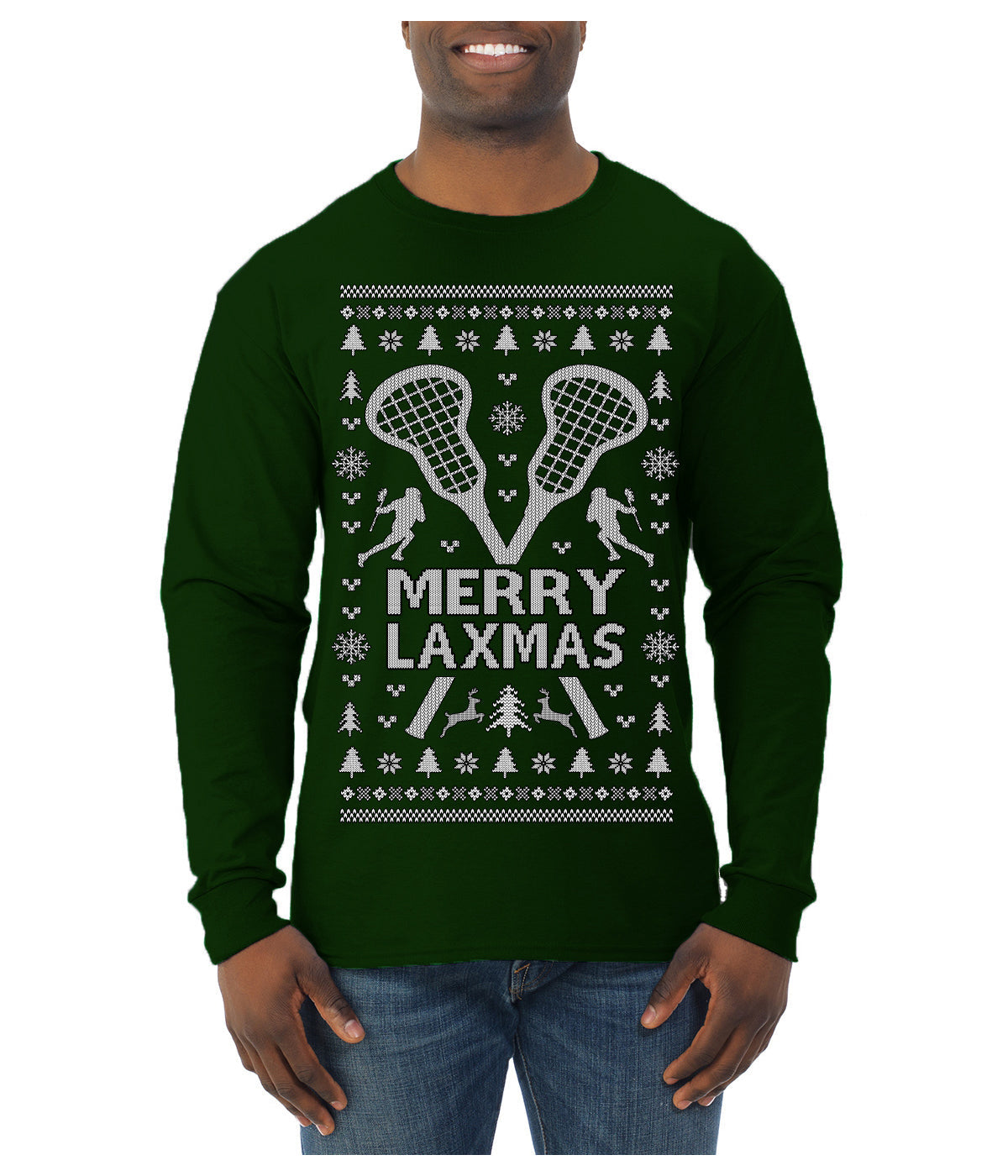 Merry Laxmas Funny Lacrosse Sports LAX Teen Sports Pun Ugly Christmas Sweater Mens Long Sleeve Shirt