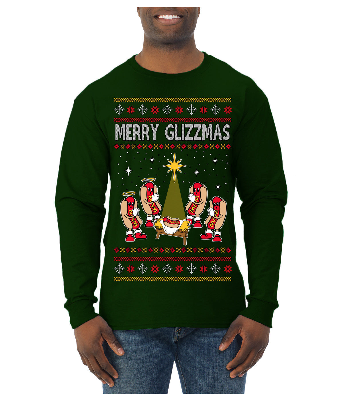 Merry Glizzmas, Funny Glizzy Hot Dog Baby Jesus Catholic Nativity, Fast Food Mustard Condiment Glizzys Humor Ugly Christmas Sweater Mens Long Sleeve Shirt
