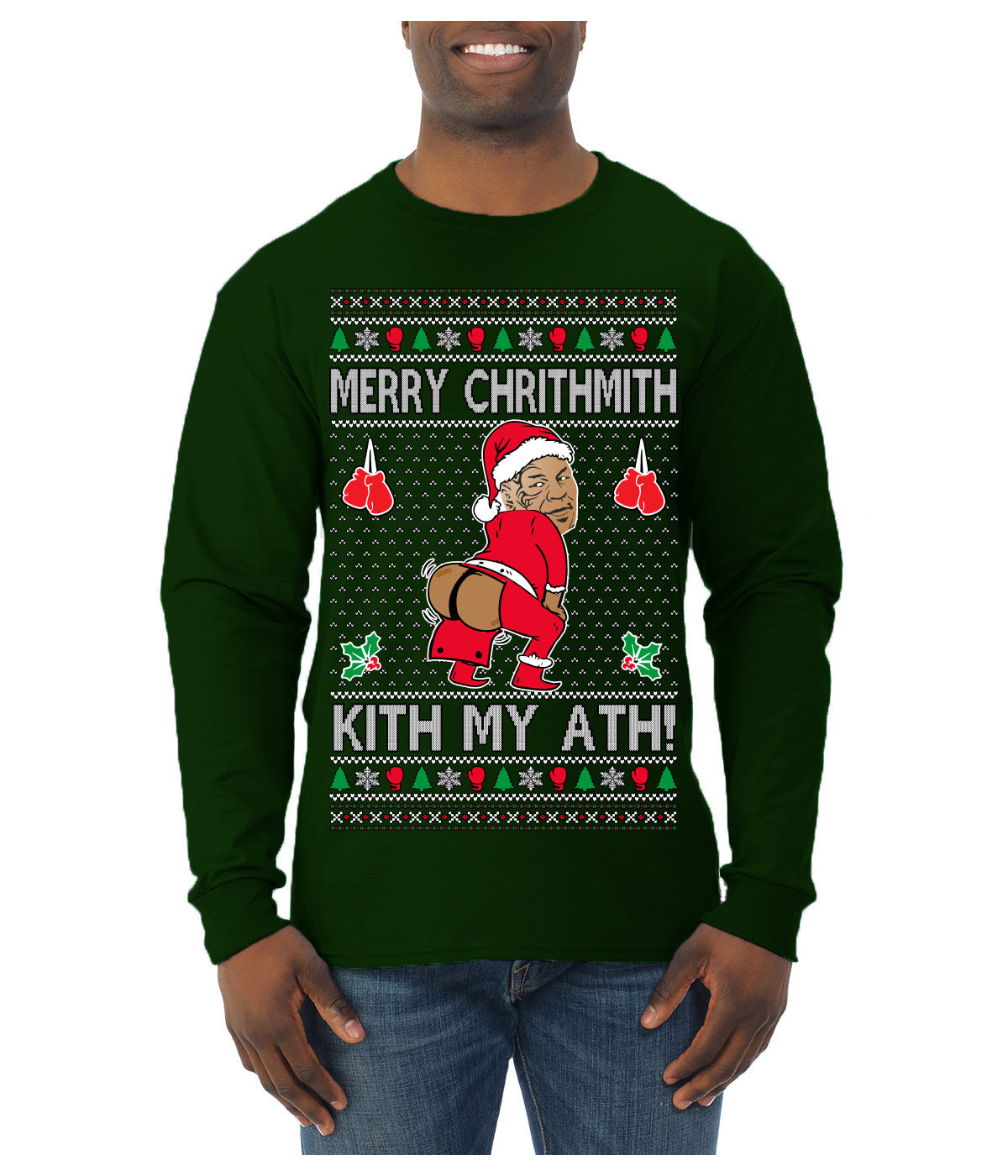Merry Chrithmith Kith My Ath, Funny Butt Dancing, Viral Kiss My Ass Boxing Fight Meme, Men Women Ugly Christmas Sweater Mens Long Sleeve Shirt
