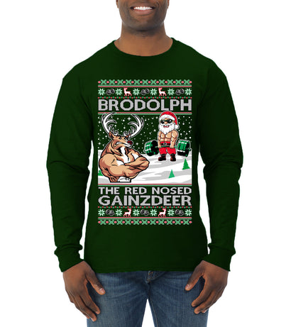 Brodolph Santa Working Out Gym the Red Nosed Gainzdeer Ugly Christmas Sweater Mens Long Sleeve Shirt