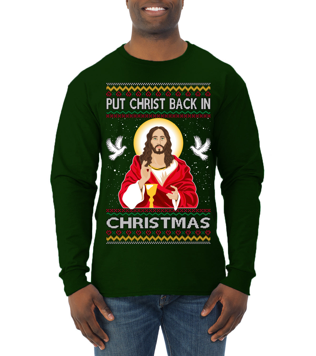 Put Christ Back In Christmas Ugly Christmas Sweater Mens Long Sleeve Shirt